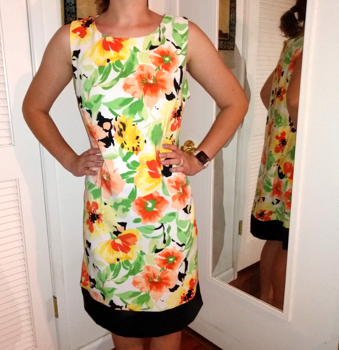 Ronni Nicole Sheath Dress Size-14 Floral Orange Green Yellow Flowers Black  Mod