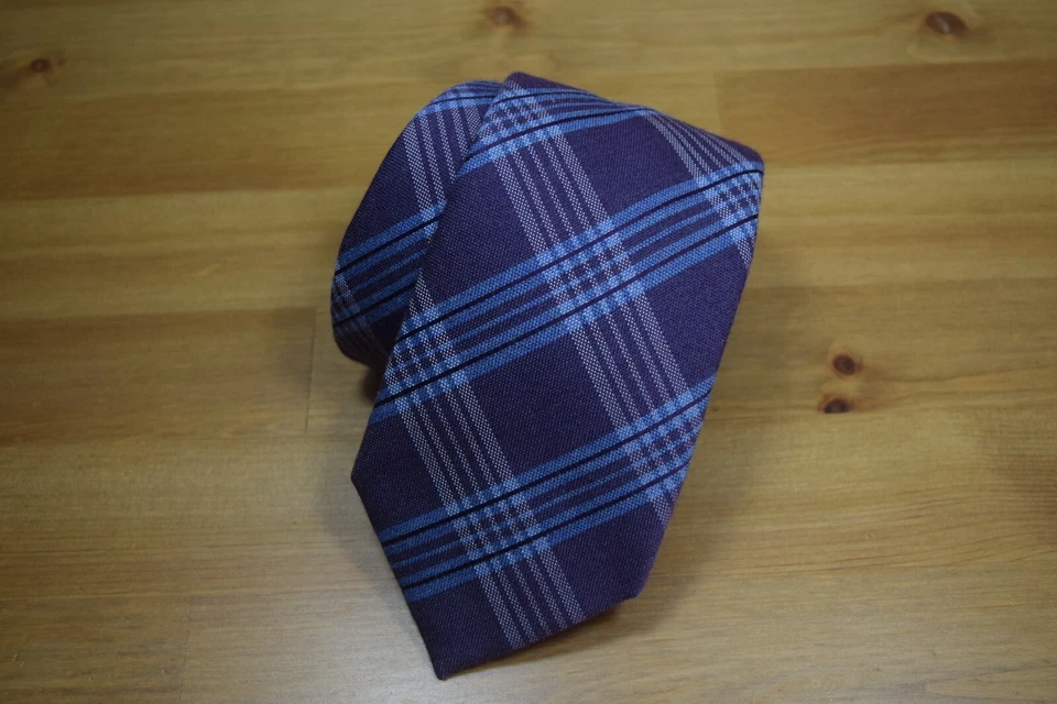 Corbata de cuello de lana de seda a rayas geométrica a cuadros azul púrpura BRIONI $440 Foto 4 de 4