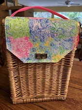 Lilly Pulitzer Wicker Rattan Wine Picnic Beach Divided Basket Tote Bag