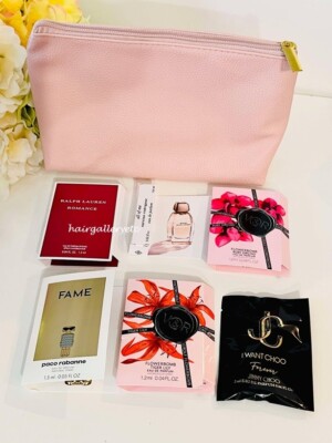6 Designer Perfume Samples Spray Vial Cosmetic Bag Paco Rabanne Fame Jimmy Choo
