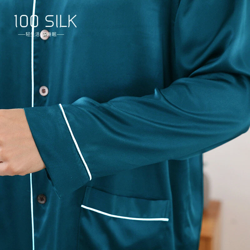 Conjunto de pijama para hombre 100 % seda morera 2 piezas conjuntos manga larga tops pantalones ropa de dormir talla Foto 4 de 4