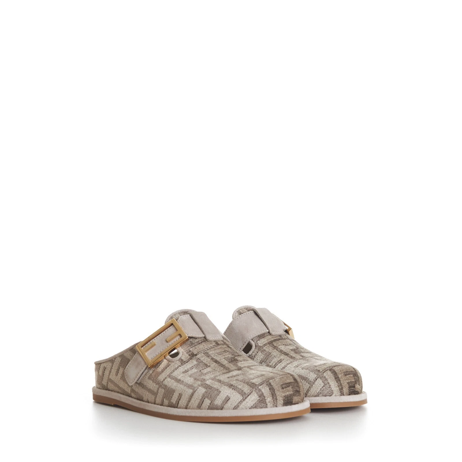 Fendi — FENDI 995$ Dove Gray Chenille Sabots Sandals - FF Motif / FF Buckle