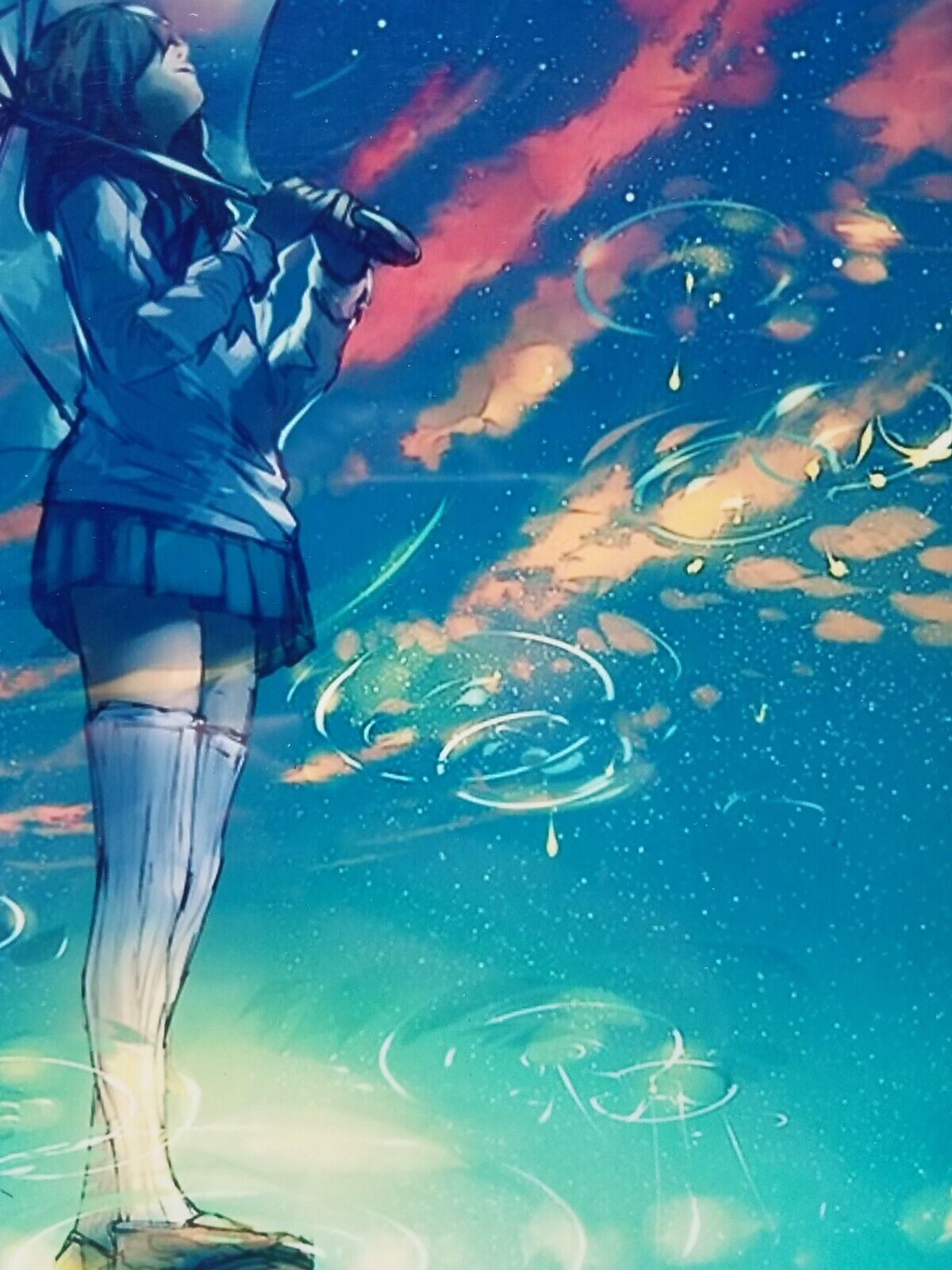 A girl flying on a broomstick through a rainy sky, anime graphic novel style