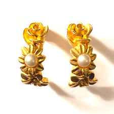 Gold Tone Floral Half Hoop Post Earrings