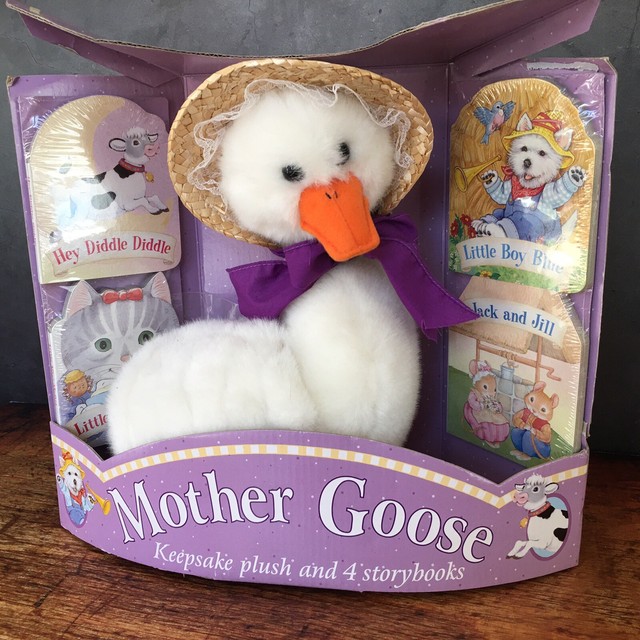 Vintage Mother Goose Plush Stuffed Animal 11" Tall Hat Ribbon + 4 Books