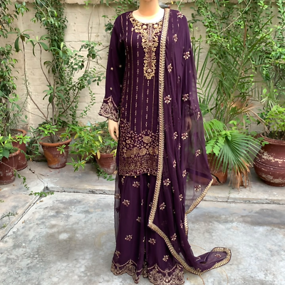 purple pakistani dress Pakistani Dark Purple Straight Style Embroidered Sequins Chiffon Gharara  Dress,X