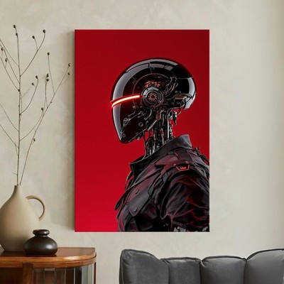 Sci-Fi Robot Canvas Poster   Cyberpunk Red & Black Futuristic Wall Art