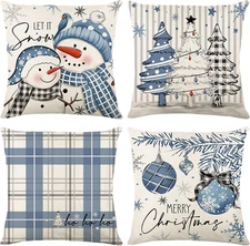 Winter Snowflake Decorative Throw Pillow Covers 18x18 Blue Snowmen 4 Set