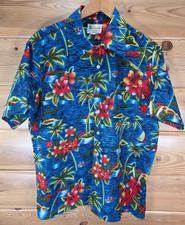 Vintage 60s Waikiki Hawaiian Floral Tropical Sail Boat Shirt Men Large Light