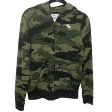 Abercrombie Kids Camo Full Zip Hoodie Size 13/14 Green Moose Logo Fleece