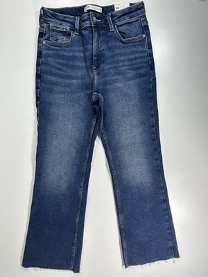  New Zara Blue Mini Flare jeans Cropped Stretch Denim Z1975 W36 L25 XS UK6
