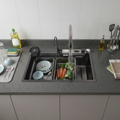 Digital Display Sink Multifunctional Workstation Kitchen Sink w/Pull-Out Faucet