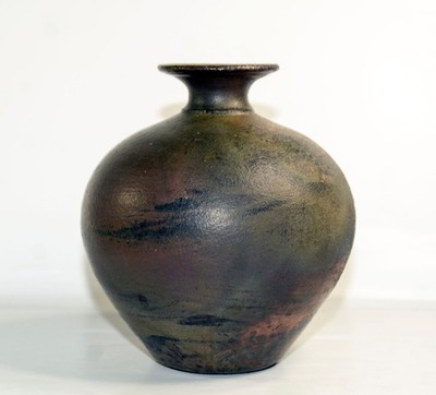 Signed Christopher Matti Raku Studio Art Pottery Jug Vase Earthtones 5'' Tall
