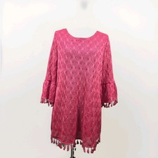 Crown & Ivy Pink Crochet Tunic Dress Sz L Tassel Fringe Bell Sleeve Boho Coastal