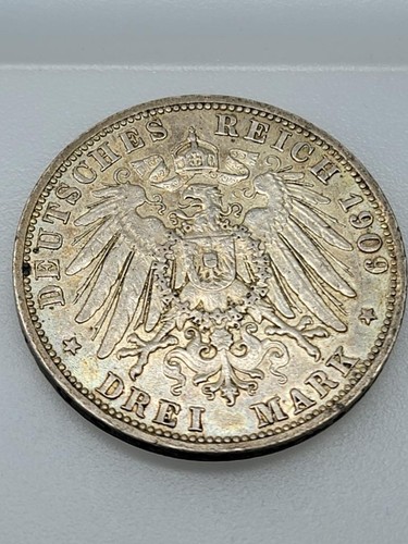 1909 G Baden 3 Drei Mark, Deutsches Reich Friedrich II .900 Silver EE6.17 - Picture 3 of 4