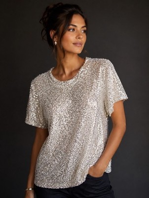 Diane Von Furstenberg Sequin Top Silk Blend Cream Ivory Short Sleeve Blouse S