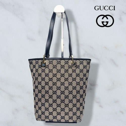 GUCCI GG Canvas Tote Bag Beige Women Shoulder Handbag Gold Hardware Auth