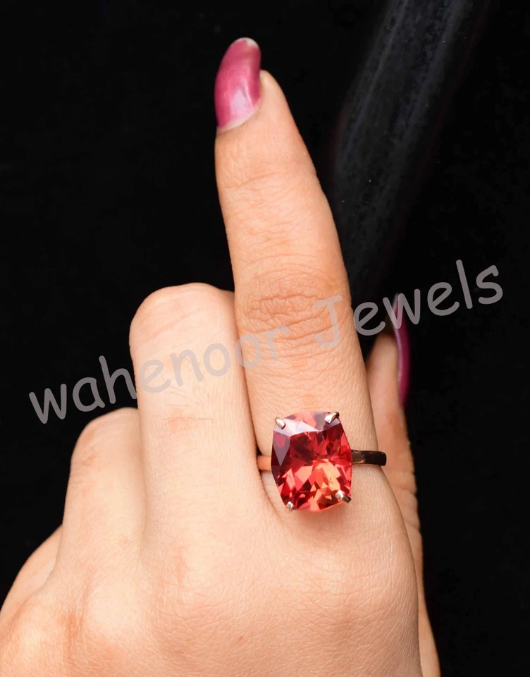 Anillo Natural Rojo Naranja Cojín Zafiro Plata de Ley 925 Anillo Certificado Foto 3 de 4