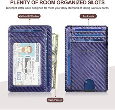 Front Pocket Wallet for Men  RFID Slim Card Holder Carbon Fiber Blue