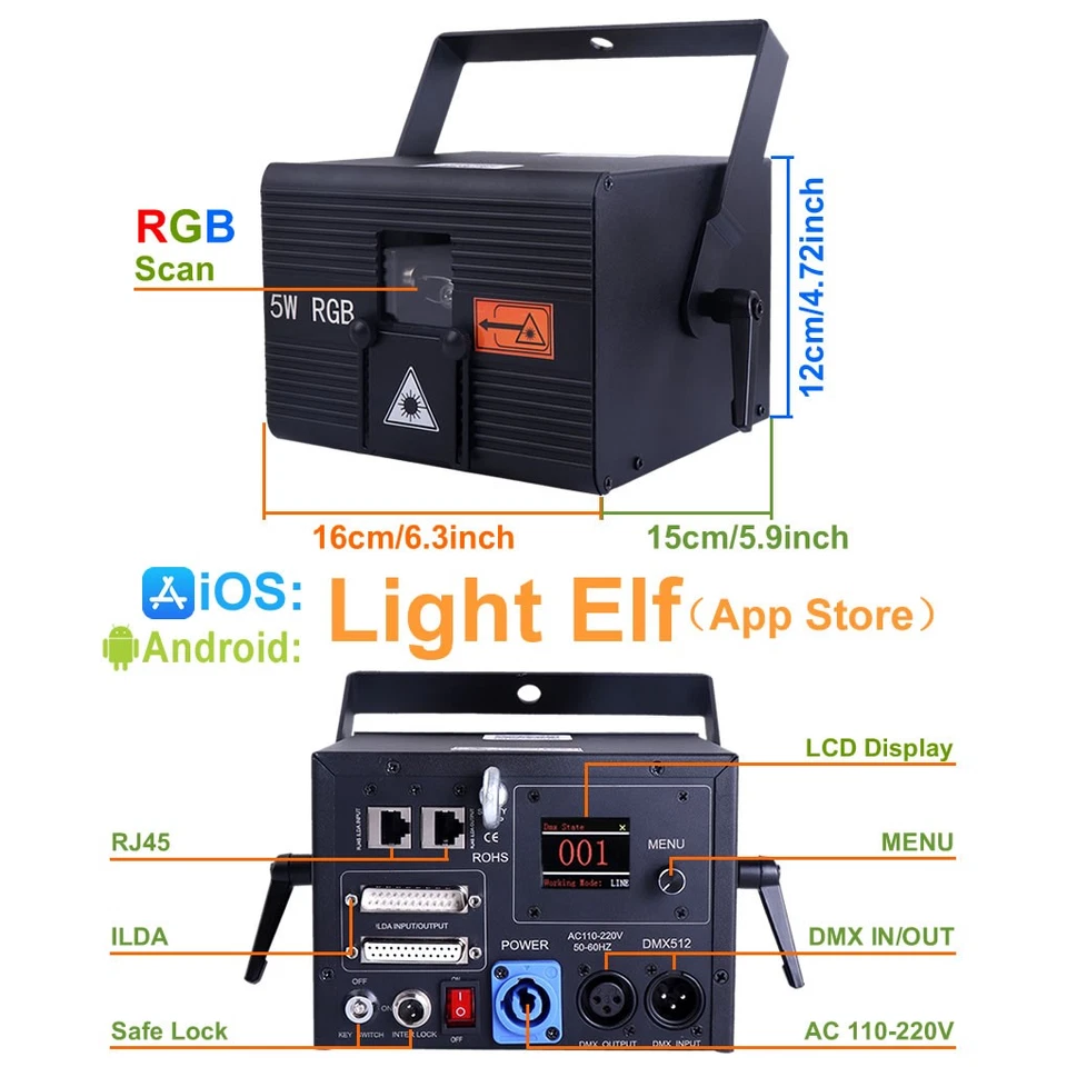 iOS Android App DMX iLDA 5W RGB Animation DJ Party Stage Projector Laser Lights - Image 3 of 4
