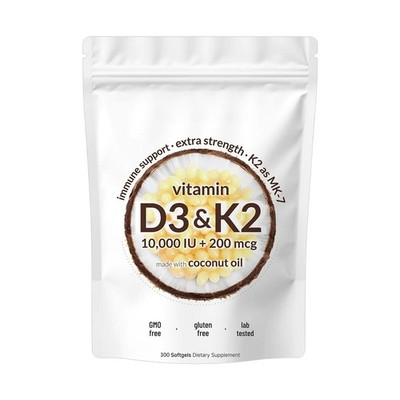 Vitamin D3 10000 IE plus K2 (MK-7) 200 Mcg, 300 Kapseln mit nativem Kokosnussöl