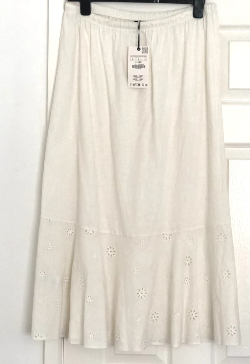 ZARA ZW COLLECTION EMBROIDERED LINEN BLEND SKIRT ~ Size L ~ Ecru | 4786/269