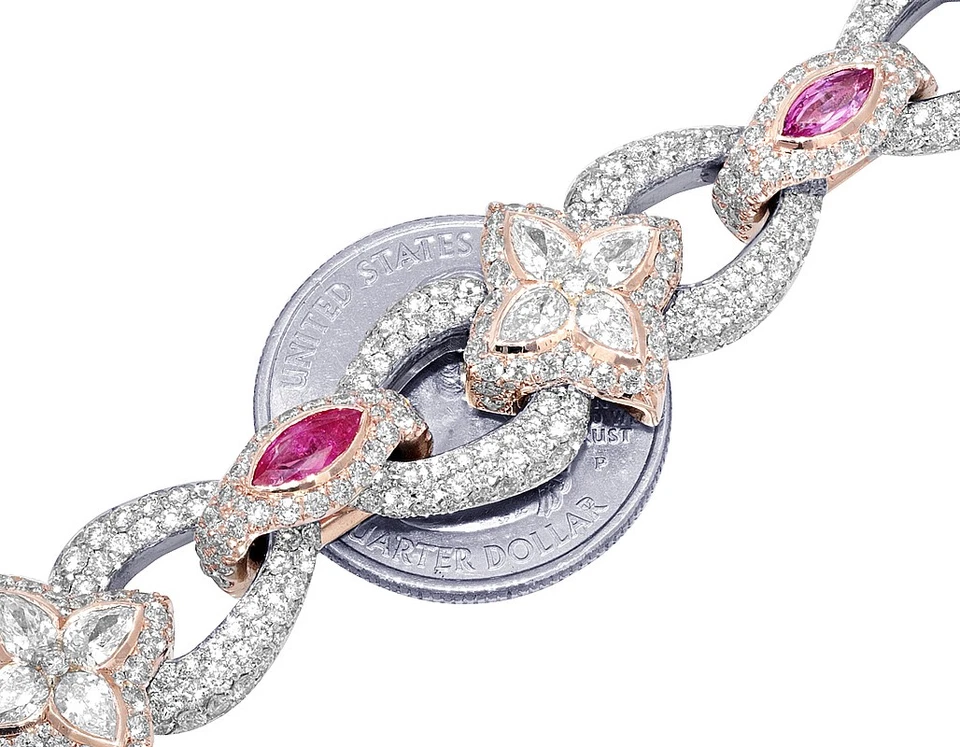 Pear-Marquise 16 1/10 CT Real Diamond 1 4/5 CT Real Ruby Bracelet 16MM 10K Ro... - Image 2 of 4