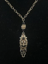 VTG Victorian Revival Art Deco Onyx Glass Filigree Barclay? Necklace & Pendant