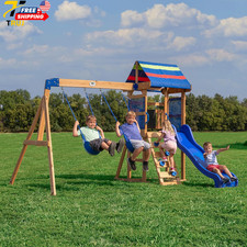 Wood Swing Set with Wave Slide Play Deck Rock Wall Ladder Belt Swings Outdoor Pl