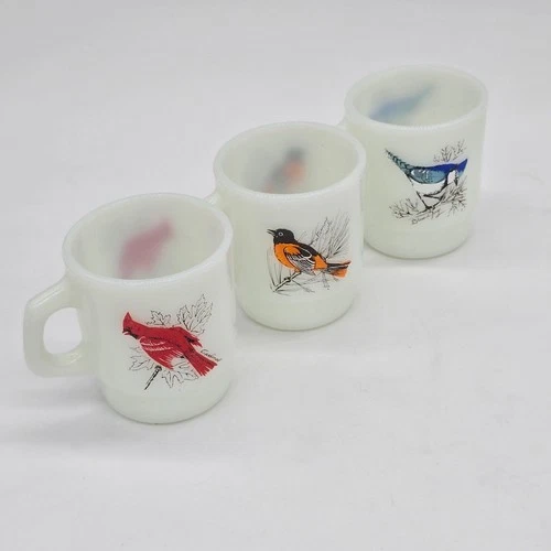Vintage Anchor Hocking Milk Glass Bird Mugs 3 Cardinal Baltimore Oriole Blue Jay