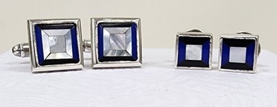 Tateossian SS925 Cufflinks Large & Small Pair Square MOP, Lapis & Onyx Inlay 4pc
