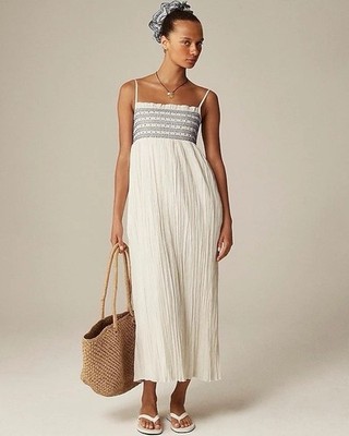 NEW J Crew Womens Catania Crinkle Smocked Midi Dress Pockets Ivory MT $168 NWT