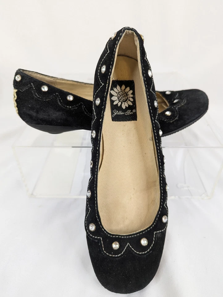 Zapatos Jackie de mujer de gamuza negra con estrás de caja amarilla tacón bajo talla 6,5 Foto 2 de 4