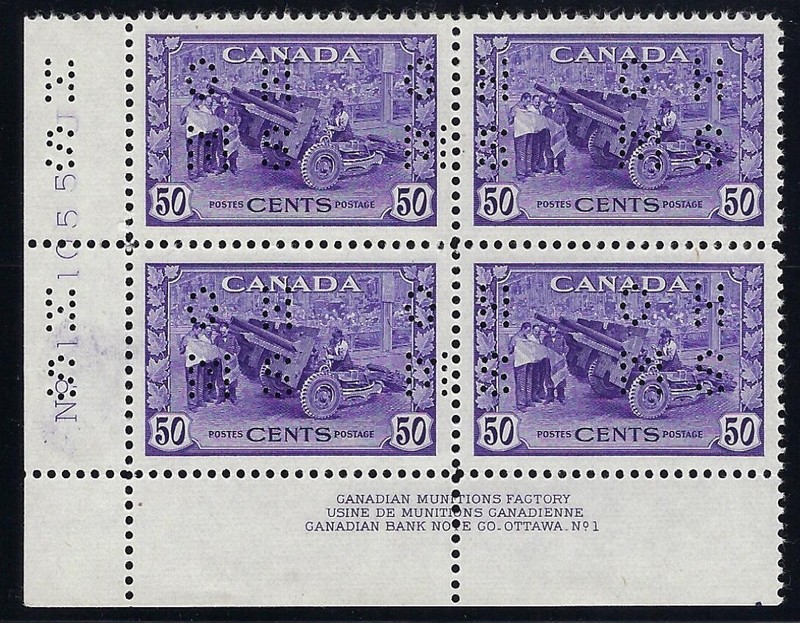 Canada, 1942-43, Scott #O261, Plate Block of 4, Plate #1, Mint, O.G., N.H.