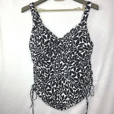 Lands' End Tankini 18DD Black White Swim Top Ruched Shelf Bra Side Ties