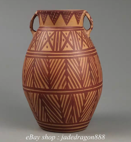 9.2" Ancient Neolithic Majiayao Culture Pottery Stripe Pattern 2 Ear Vase Pot - Picture 1 of 5