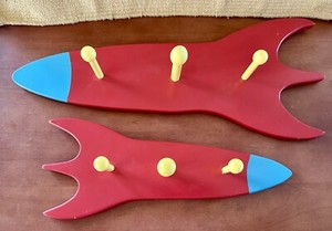 Set Of 2 Wood Rocket Ship Space Themed Kid’s Room Wall Mounted Coat Hanger Racks