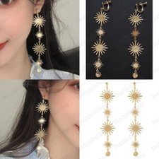 4.5"long CLIP ON sunburst EARRINGS long metal star drops GOLD TONE non-pierced
