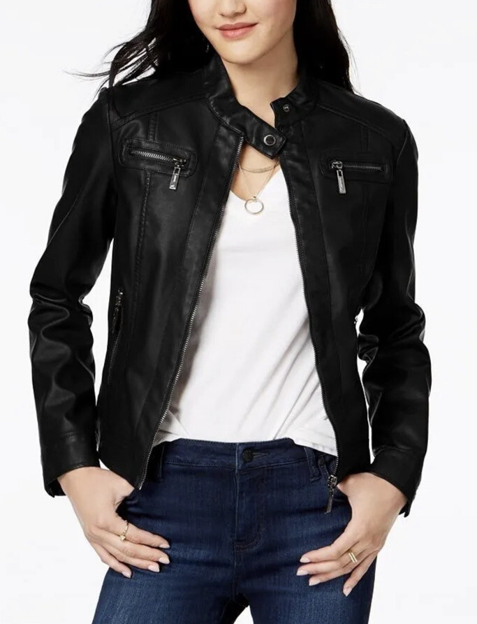 JOU JOU Juniors Vegan Leather Faux-Fur Lined Zip Moto Jacket Black