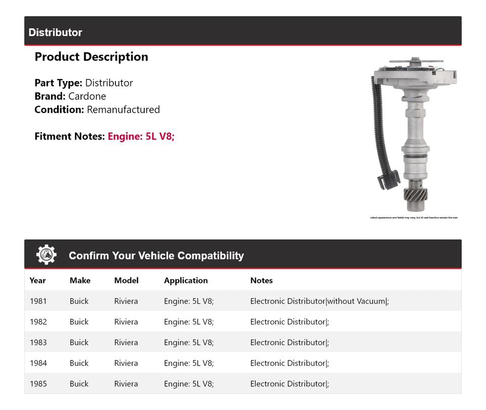 Para Buick Riviera 1981-1985 5L V8 Distribuidor Cardone 1982 1983 1984 Foto 2 de 4