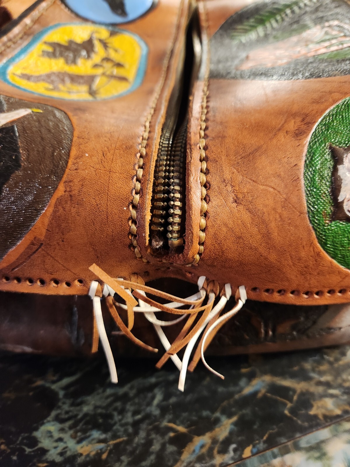 Boho Leather Native American Painted Tooled Leath… - image 5