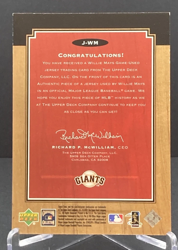 2001 Upper Deck Legends - Legendary Game Jerseys #J-WM Willie Mays (MEM) - Image 2 of 4