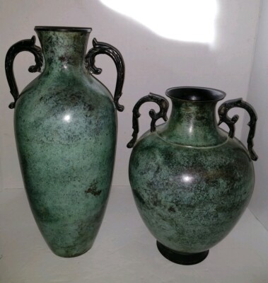 Interlude Home Inc Pair Of 2 Heavy Metal Vases Green Patina Look 14 And 11 Ebay ebay