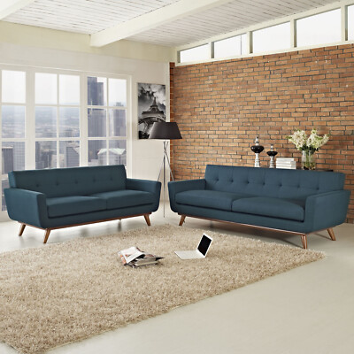 Modway Mid-Century Modern Upholstered 2PC Loveseat and Sofa Set in Azure