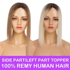Clip in 100% Real Remy Human Hair Topper Women's Hairpiece Side Part 130°Density