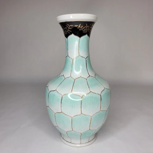 Nora Fenton Design Large Porcelain Lotus Vase Hand Painted Blue Green Gold 12"