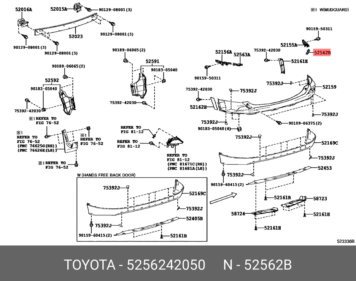 Original retainer, rear bumper, upper right, 5256242050 for TOYOTA 
