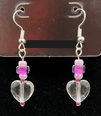 Handmade Clear Faceted Plastic Heart & Pink Glass Bead Earrings by Neanie-Bot