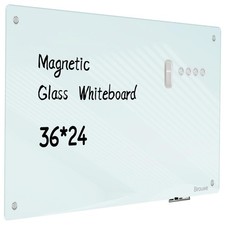 Magnetic Glass Whiteboard - Dry Erase Board 36"x24" 24"W x 36"H, White