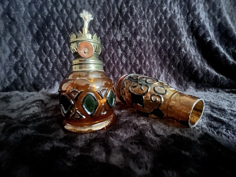 Vintage Made in Hong Kong Amber Glass Mini Hurricane Oil Lamp w/ Chimney